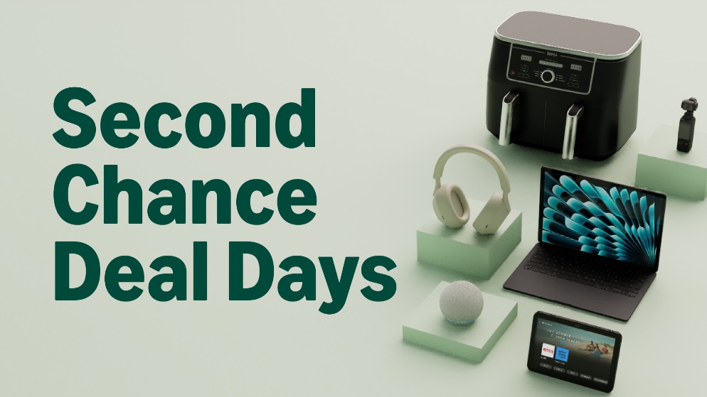 Electronics shown against a green background with the words: "Second Chance Deal Days." 