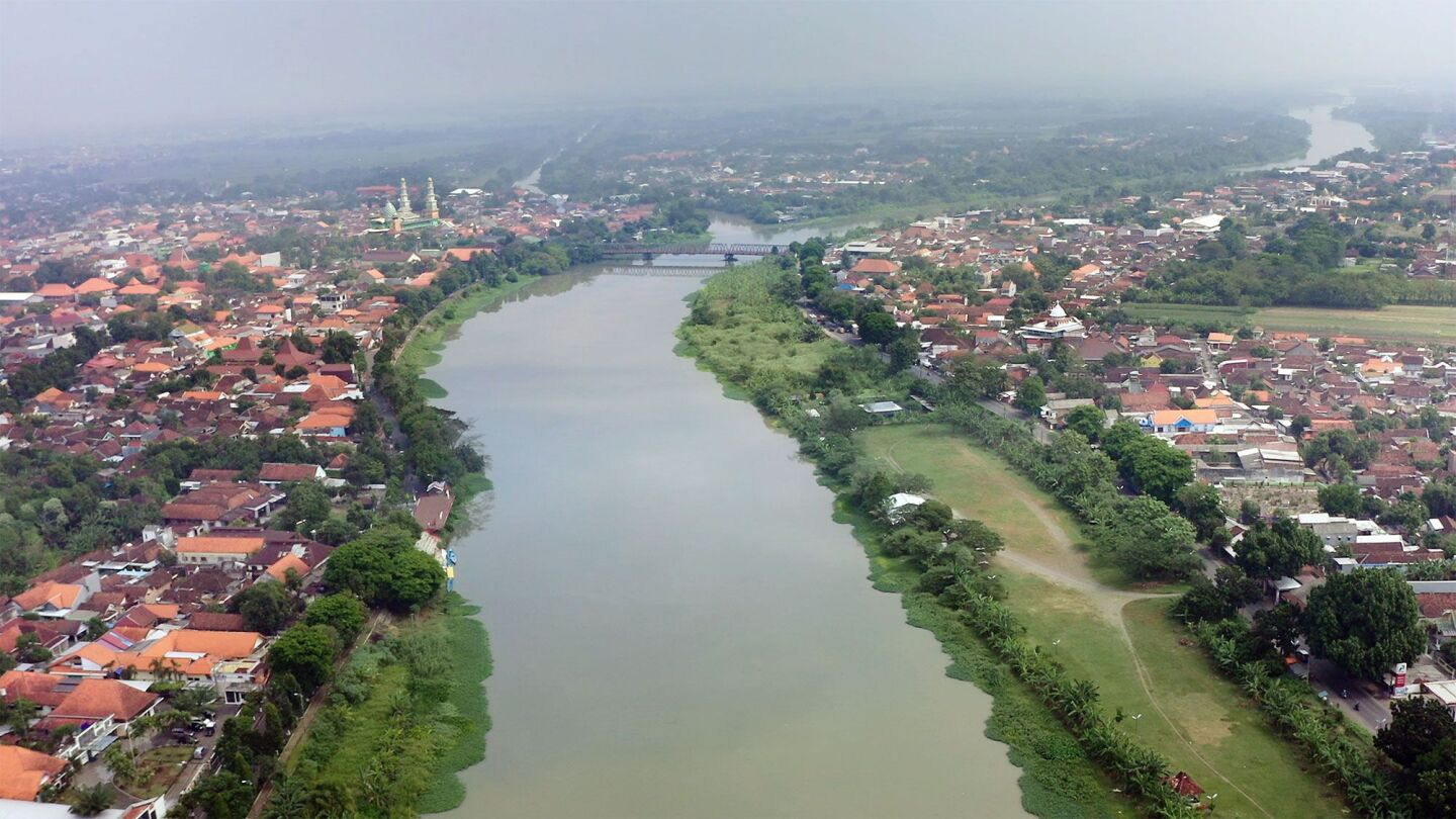 Woodlands surrounding a city and a river.