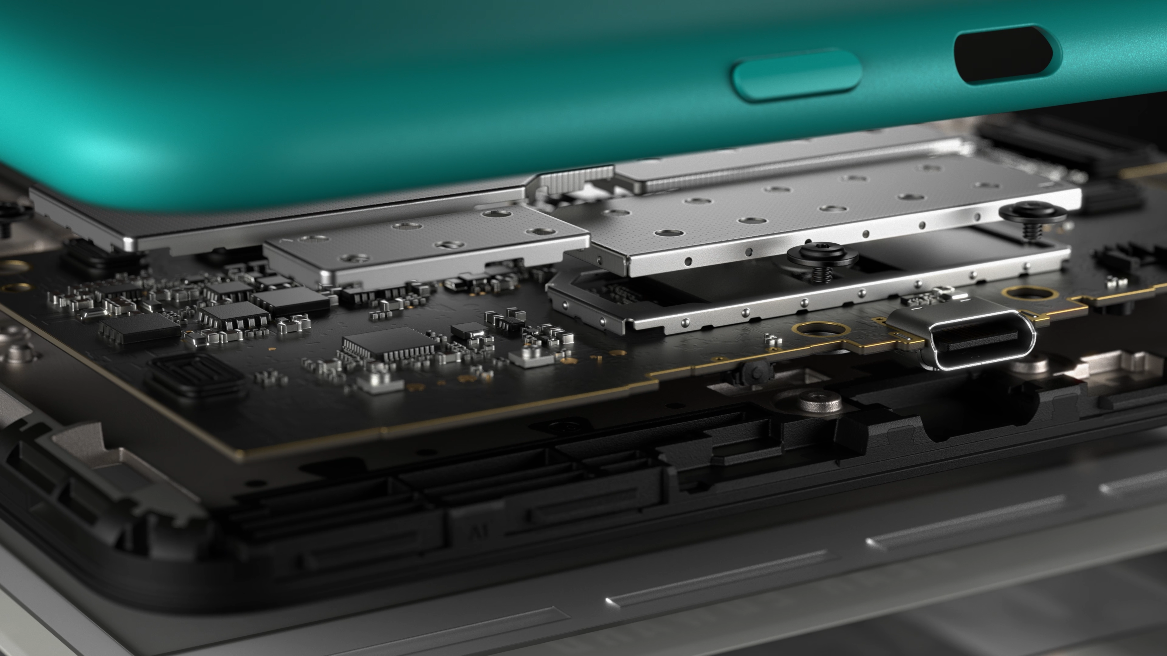 A rendering showing the internal makeup of a physical device. 
