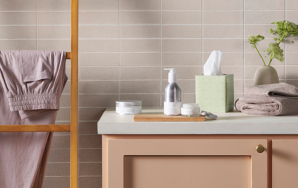 Body wash and product containers sit neatly on a bathroom sink countertop.