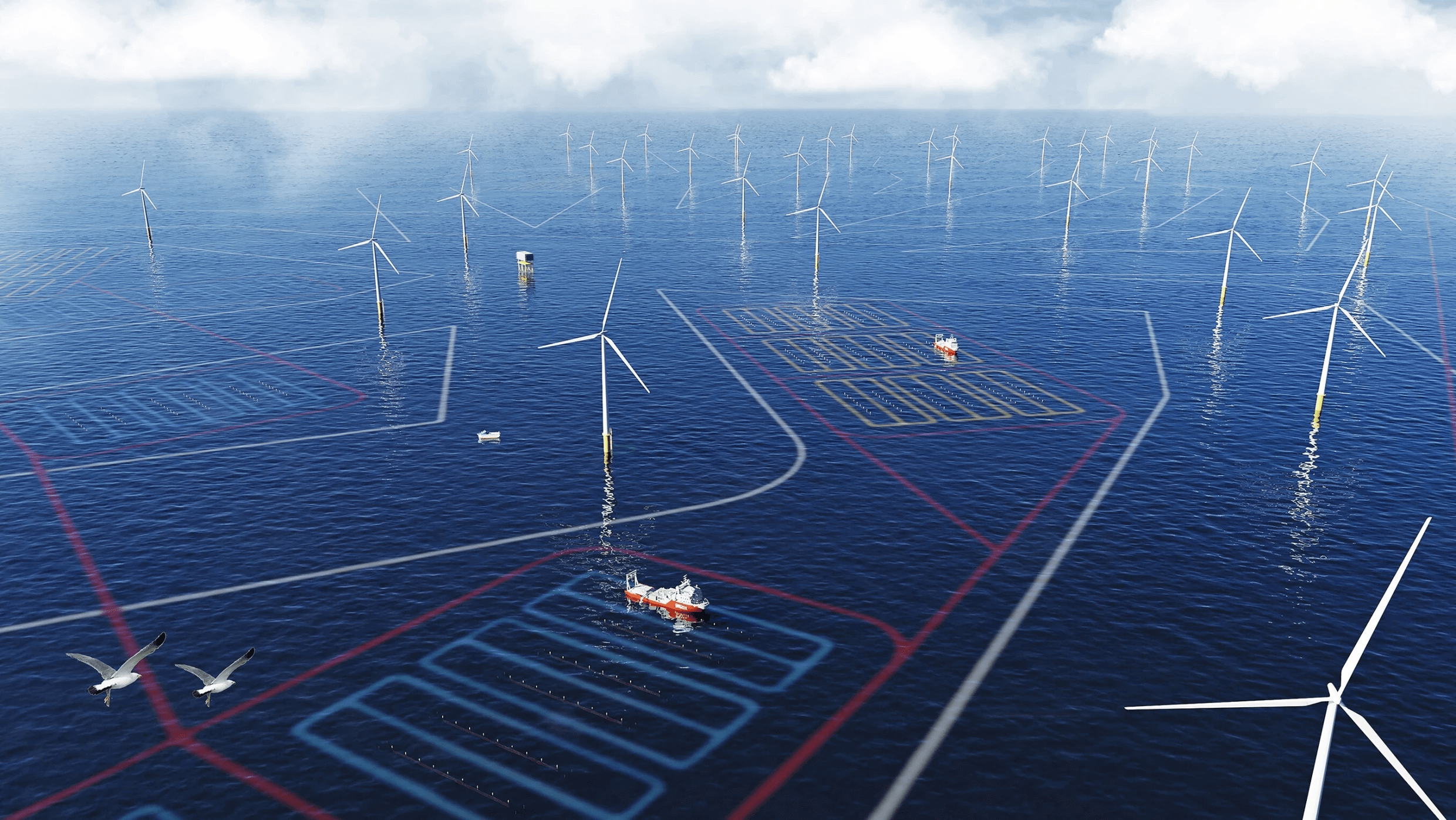Turbines above a seaweed farm. 