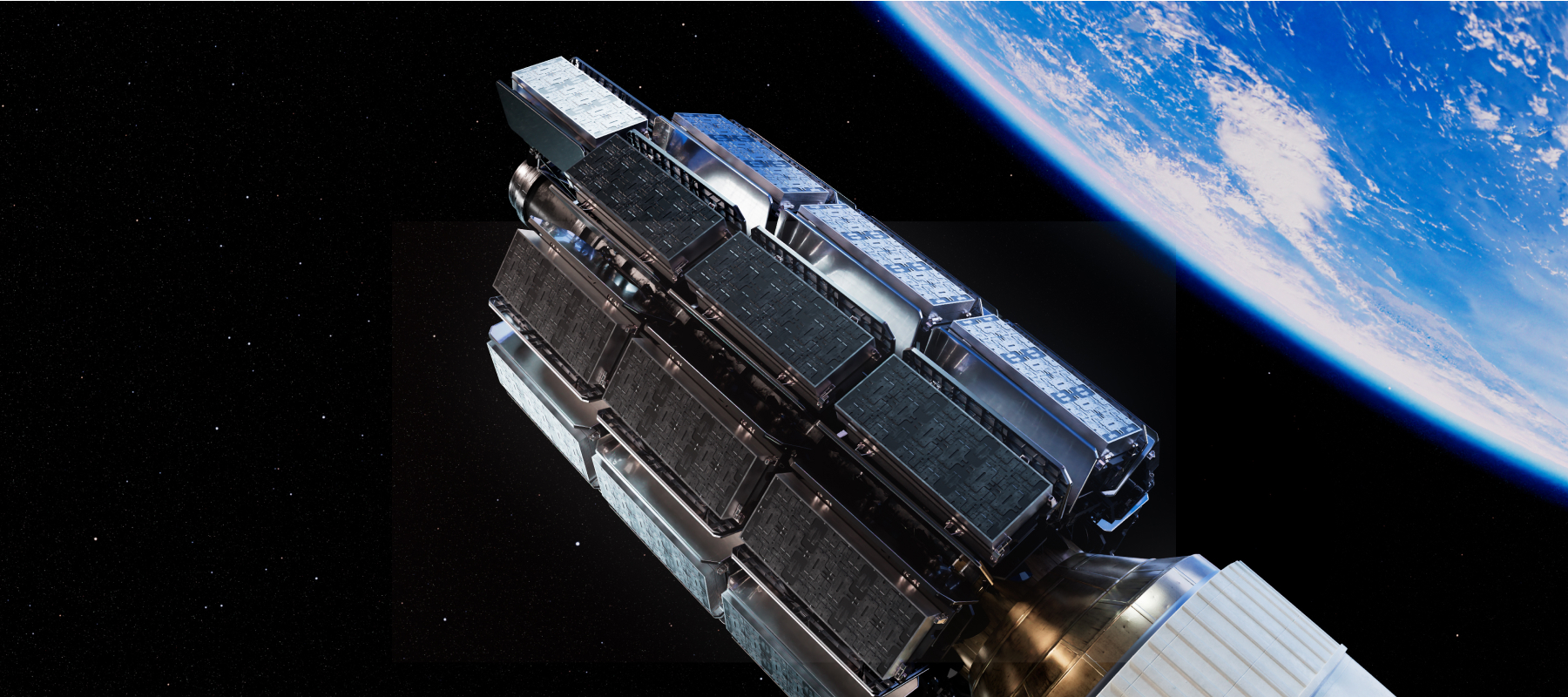 A satellite drifts by Earth's surface in outer space. 