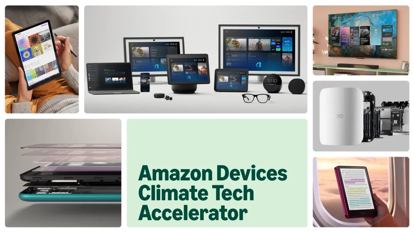 Images of various devices are shown side by side around text that reads: Amazon Devices Climate Tech Accelerator.