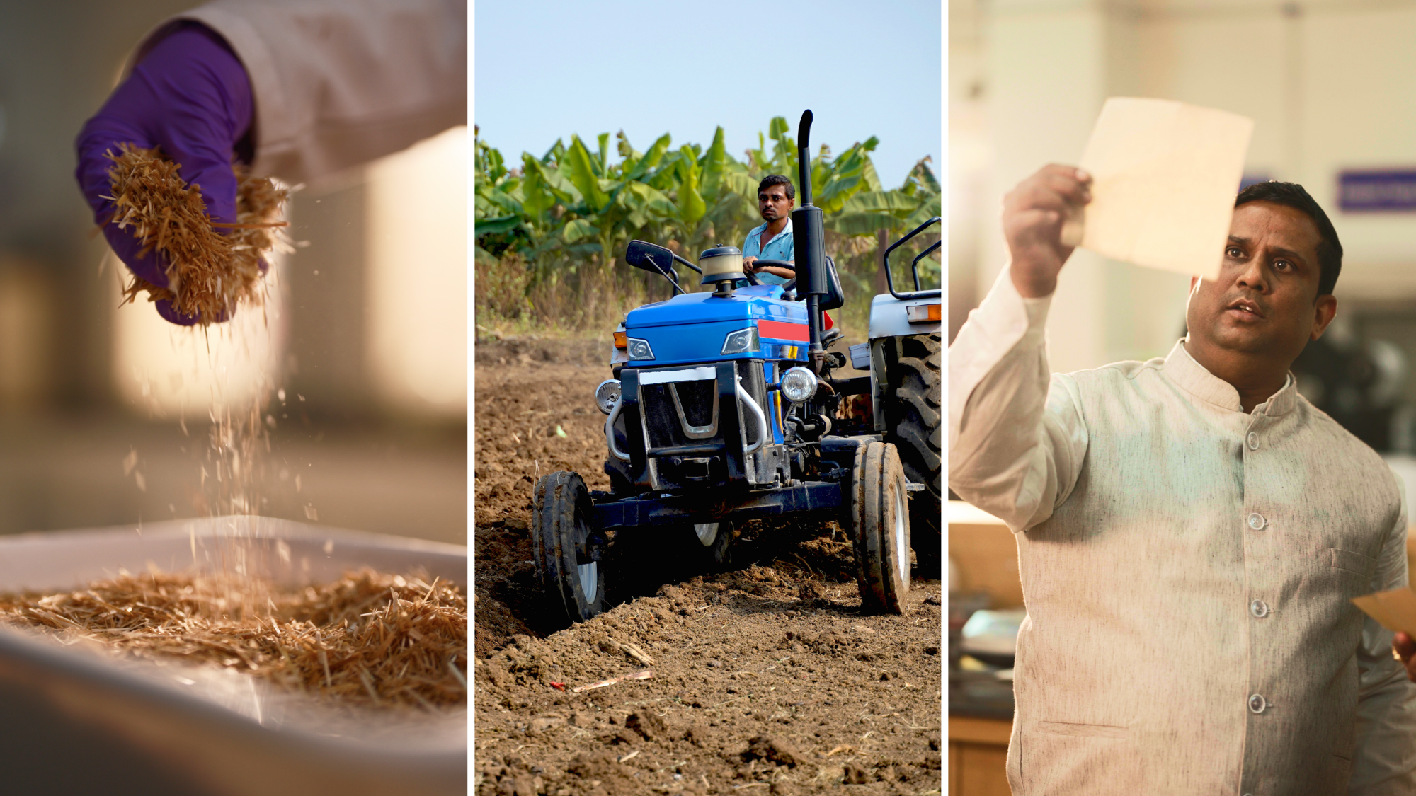 Three images side by side: a hand holding paper materials, a person riding a tractor in a field, and a person holding a sheet of paper to the light.