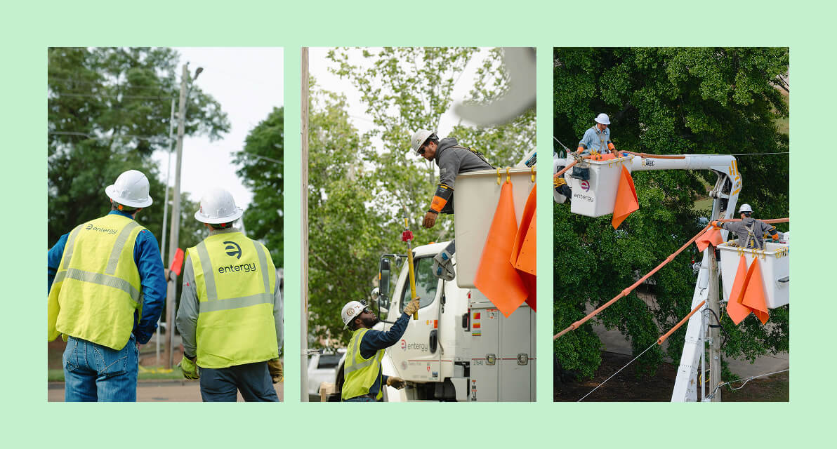 Crew members from the electric company Entergy Mississippi perform electrical infrastructure work in the field, such as utility pole inspections and live line maintenance.