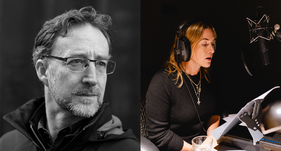 Two people are pictured side by side, one speaking into a microphone. 