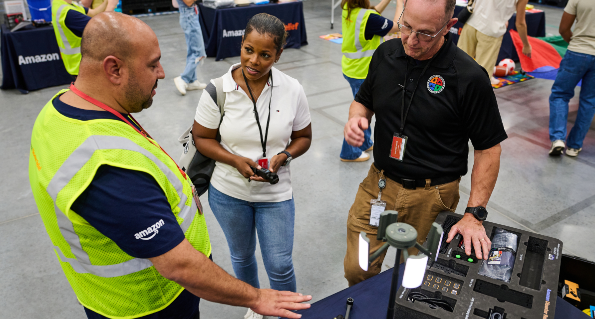 Abe Diaz and his team showcase the latest tech and tools at the Amazon Disaster Relief Tech Hub near Nashville, Tennessee. 