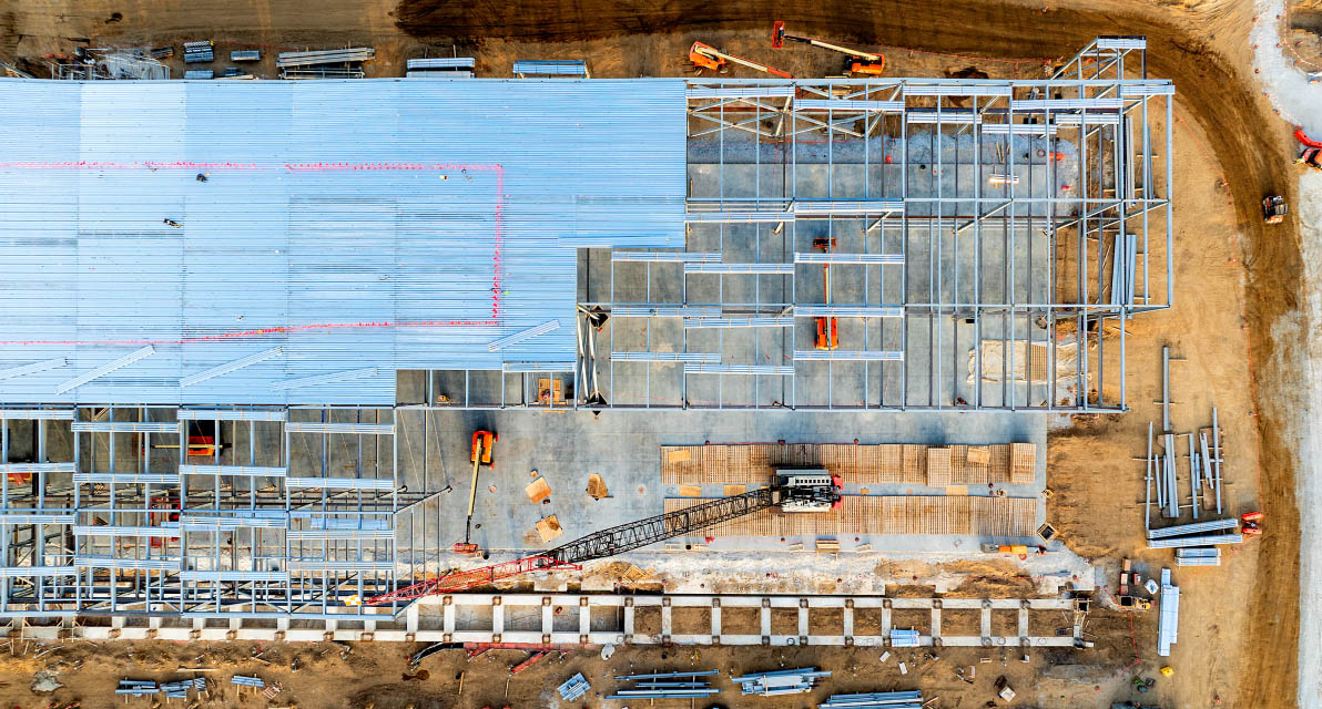 An aerial view of Amazon data center construction in Warren County, Mississippi. 