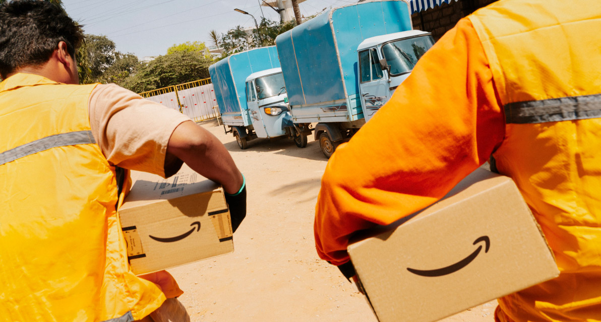 Amazon’s electric fleet in Bengaluru, India, helps make last-mile customer deliveries with zero tailpipe emissions. 