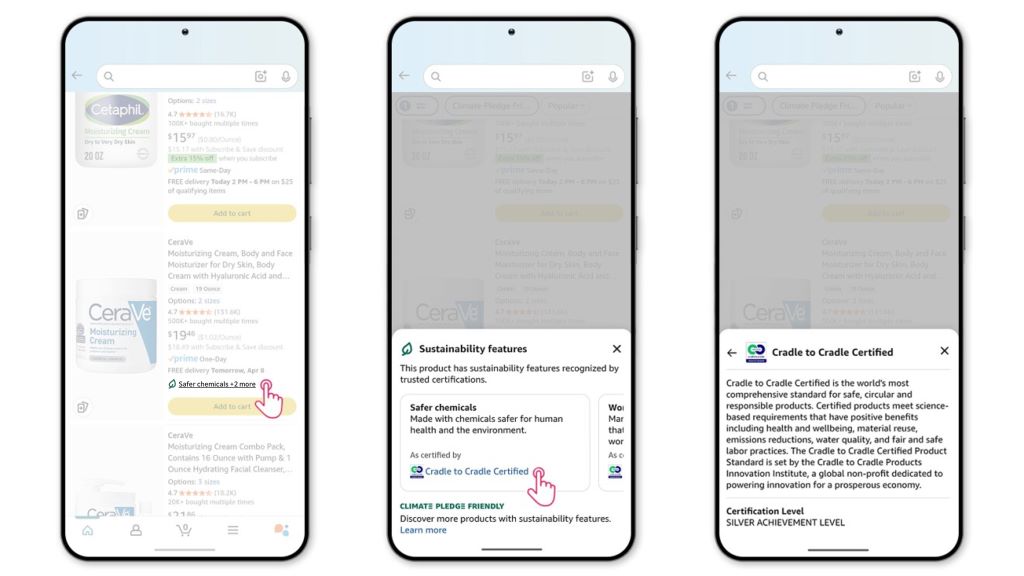 Three phone screens shown side by side. 