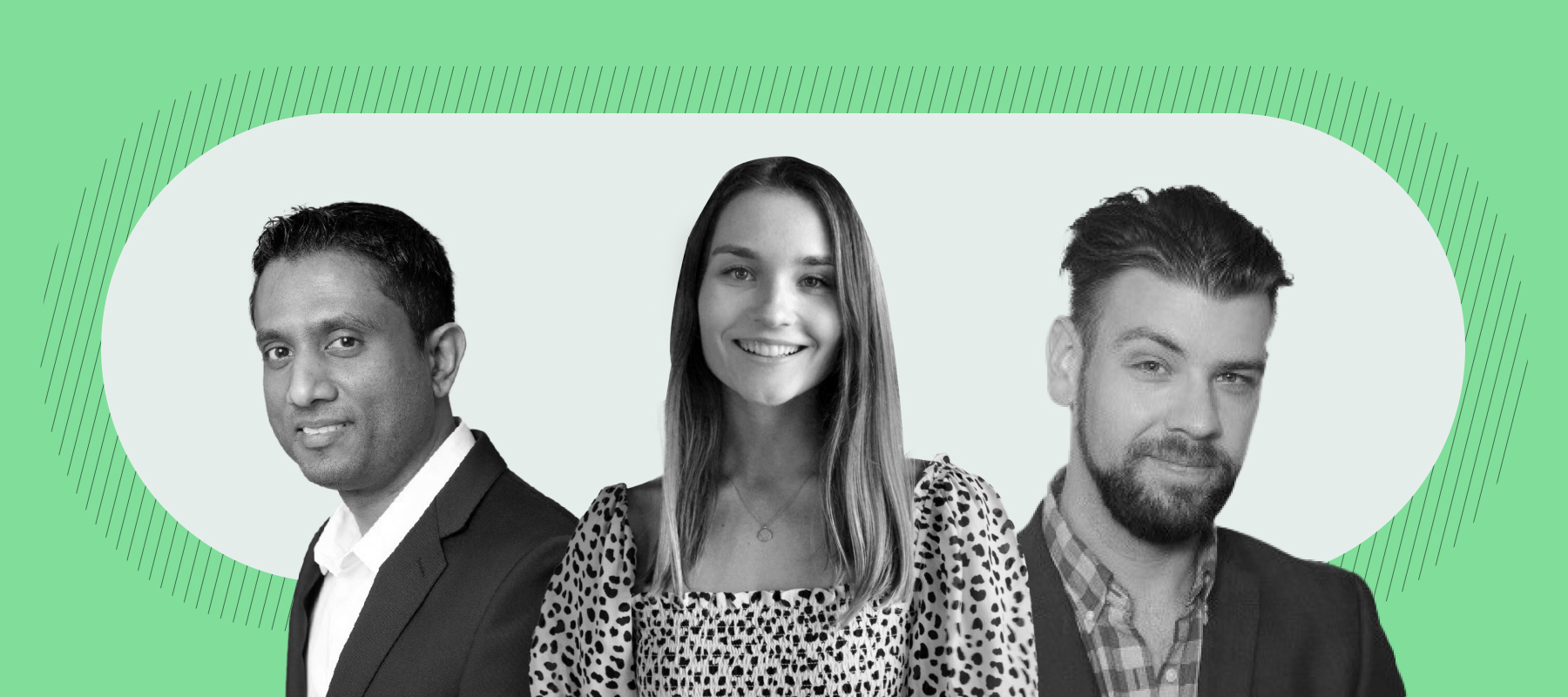 Three people stand smiling in front of a green graphic background. 